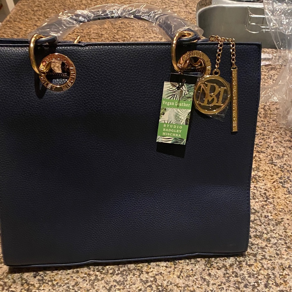 Badgley Mischka Dark Blue Tote with Gold Accents